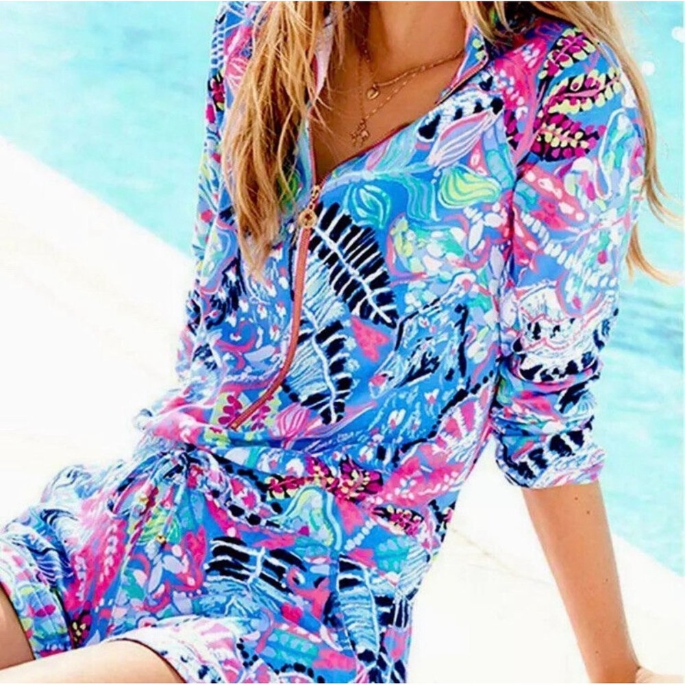 Lilly Pulitzer Skipper Romper Fantasy Garden Half Zip Long Sleeve Size M